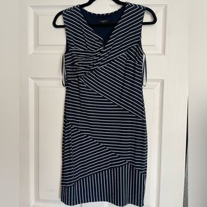 Ann Taylor navy blue with white stripe rayon dress. Size 8 petite.